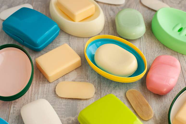 Different types of liquid and bars of soap